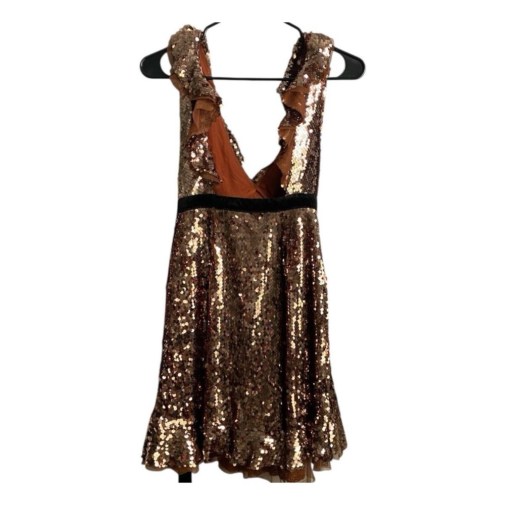 NWT Free‎ People Siren Sequin Dress Tribeca Gold Flirty Mini Boho Chic Size 4 - Picture 2 of 16